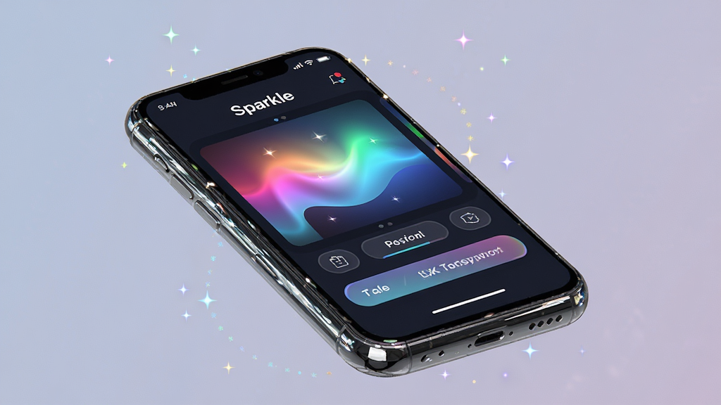 一张展示 Sparkle 软件核心界面的图片,主体为一部现代智能手机,屏幕中显示 Sparkle 应用的主操作面板,面板上有色彩斑斓的光效预览和简洁的功能按钮;布局采用居中构图,手机微微倾斜展示立体感;排版上手机占据画面中心位置,周围散落着微小的星光粒子点缀;风格为科技感与梦幻感结合的现代数字艺术风格;细节上手机边框有细腻的高光反射,屏幕内的光效呈现渐变流动感;画质为4K超高清,画面干净,无多余元素。