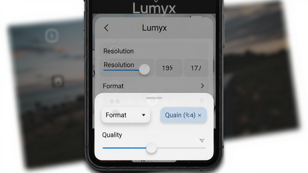 一张展示 Lumyx 导出设置界面的图片,主体为手机屏幕,屏幕中显示导出参数面板,包含分辨率选项、格式选择和质量滑杆,布局为底部弹窗式,风格为现代扁平化,细节上按钮有轻微投影,背景为虚化的照片,画质清晰干净,图中包含文字“Lumyx”,无多余元素。