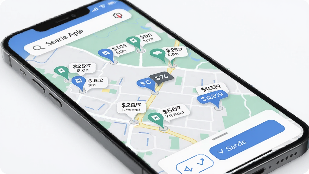 һ�ž���App������׮���ܵĽ���չʾͼ����������Ϊ�ֻ���Ļ����Ļ����ʾ��ͼ���棬��ͼ�Ϸֲ��Ŷ�����׮��ǵ㣬ÿ����ǵ�����С��ǩ��ʾ�۸�͹��ʣ����������������ײ���ɸѡ��ť��������ִ���ϸ�����������ʸ���ɾ����޶���Ԫ��