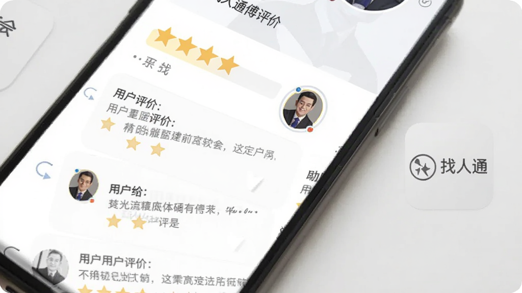 找人通师傅评价页面,屏幕中显示五星评分条、用户文字评价列表与师傅头像,旁边有找人通软件名称标识,背景为白色与浅灰搭配,风格简洁商务,画质清晰干净
