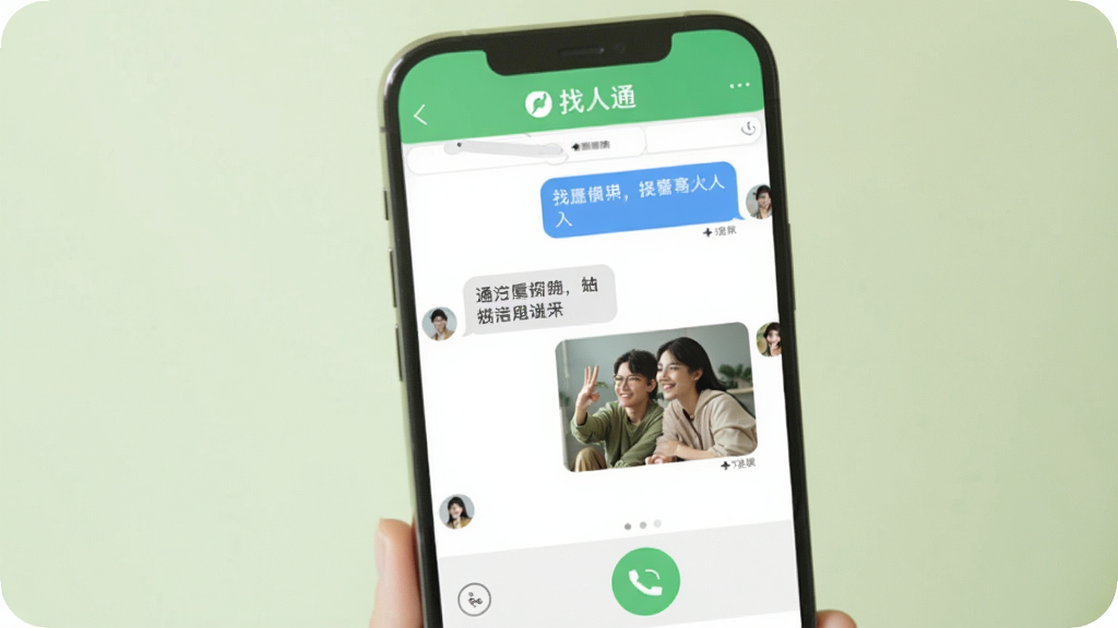 找人通在线沟通界面,手机屏幕展示聊天窗口与电话拨打按钮,对话气泡中有文字和图片,顶部显示找人通名称,背景为柔和浅绿色,风格温馨实用,画质清晰,无多余装饰