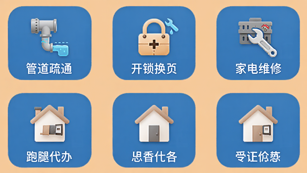 找人通服务分类页面,屏幕中展示九宫格图标,包括管道疏通、开锁换锁、家电维修、跑腿代办等图标,每个图标下方有文字标签,整体风格统一为圆角矩形,背景为淡橙色,画质清晰,排版整齐