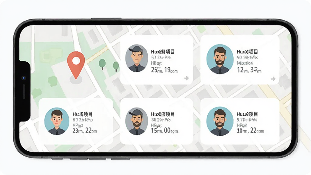 找人通附近师傅列表界面,手机屏幕中显示地图定位图标与多个师傅头像卡片,卡片上标注距离与服务项目,背景为城市街区简图,风格清新扁平,画质清晰,无杂乱元素