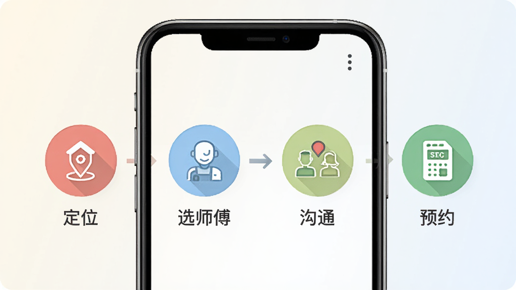 找人通使用步骤示意图,手机屏幕中展示从定位到下单的四个步骤图标,包括定位、选师傅、沟通、预约,每一步都有简短文字标注,背景为浅色渐变,风格简洁直观,画质清晰,无多余元素