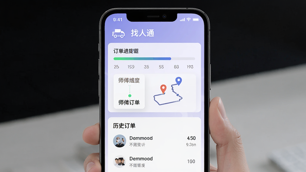 找人通订单跟踪页面,手机屏幕显示订单进度条与师傅位置移动轨迹,下方有历史订单列表,顶部有找人通软件名称,背景为浅紫色渐变,风格现代简约,画质清晰,无杂乱信息