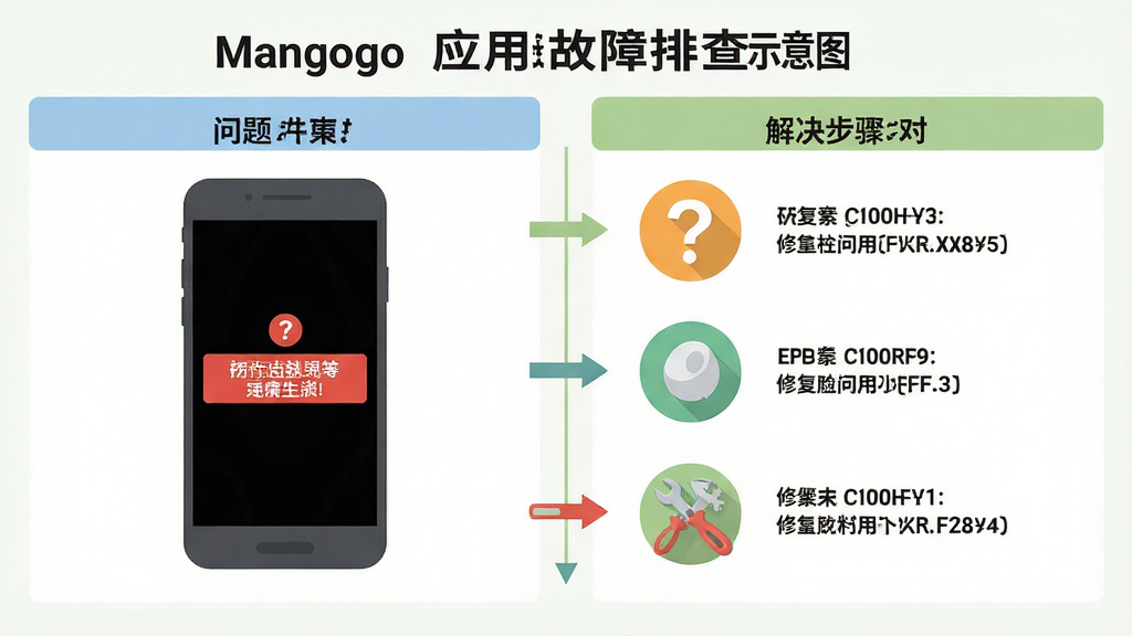 Mangogo应用故障排查示意图,画面展示手机屏幕显示黑屏与错误提示,布局为问题与解决步骤对照,风格扁平化,细节包含问号图标与修复工具,画质清晰,干净,无多余元素