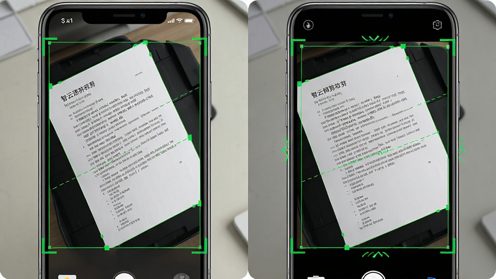 智云扫描智能裁剪功能演示图,主体为手机屏幕显示一张倾斜拍摄的纸质文档正在被自动校正,布局为左侧原始倾斜画面、右侧校正后规整画面,排版左右对比,风格为写实产品展示风,细节包含绿色识别边框、裁剪动画线条、文档文字清晰可见,画质高清,干净,无多余元素