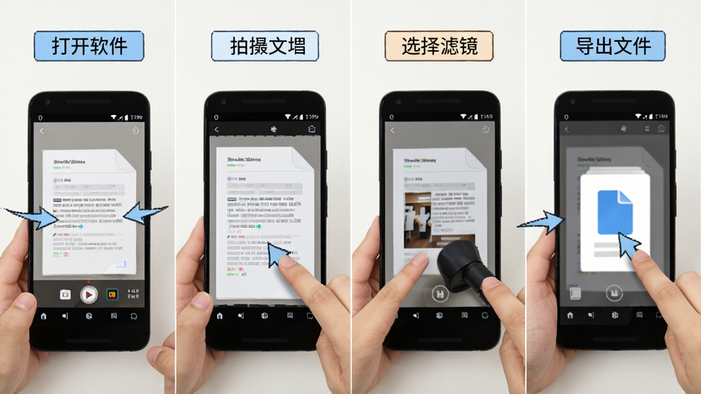 智云扫描移动端操作步骤示意图,主体为一部安卓手机展示从拍摄到导出的完整流程,布局为四格分镜排列,排版从左到右依次为打开软件、拍摄文档、选择滤镜、导出文件,风格为教程图解风,细节包含手部操作示意、界面标注箭头、文字说明框,画质高清,干净,无多余元素