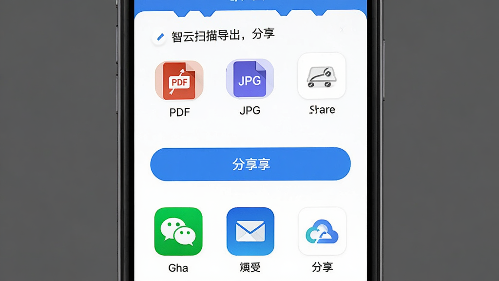 智云扫描导出分享界面,主体为手机屏幕显示导出格式选项和分享按钮,布局为上下结构,上方为格式选择区、下方为分享渠道图标,排版清晰,风格为现代扁平风,细节包含PDF、JPG图标、微信、邮件、云盘等分享图标,画质高清,干净,无多余元素