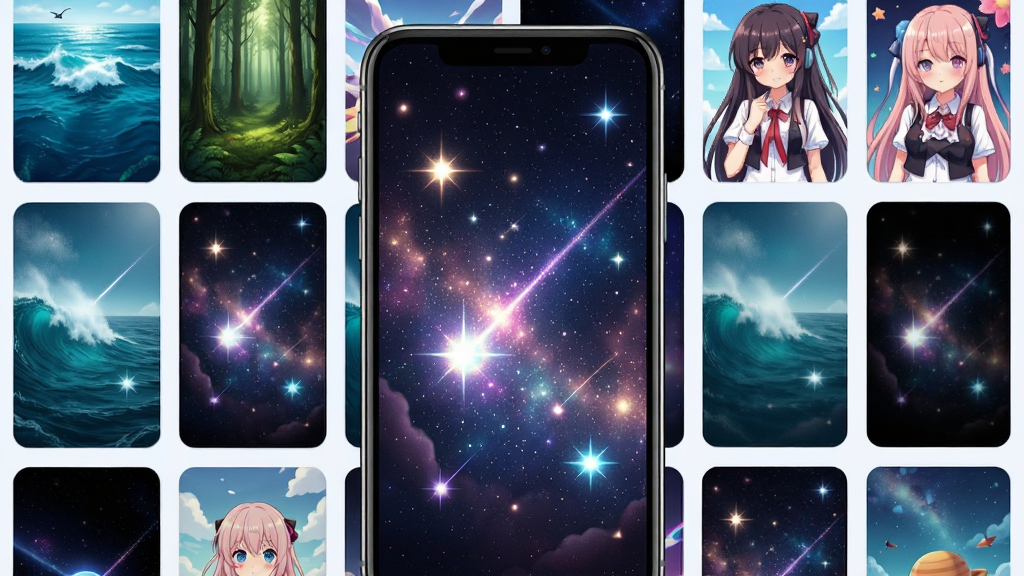 一张帕皮星球动态壁纸展示图,画面主体是手机屏幕中展示着绚丽的动态星空壁纸,星星在闪烁,流星划过夜空,手机周围环绕着各种风格的壁纸缩略图,包括海洋、森林、动漫等元素,布局采用网格排列,风格梦幻唯美,细节丰富,画质高清,干净无多余元素