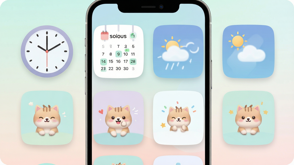 一张帕皮星球创意小组件展示图,画面中手机桌面上摆放着各种样式的小组件,包括圆形时钟、方形日历、天气卡片、萌宠动画等,组件风格统一为圆角卡片设计,色彩柔和,布局错落有致,背景是浅色渐变,整体风格清新简约,画质高清,干净无多余元素