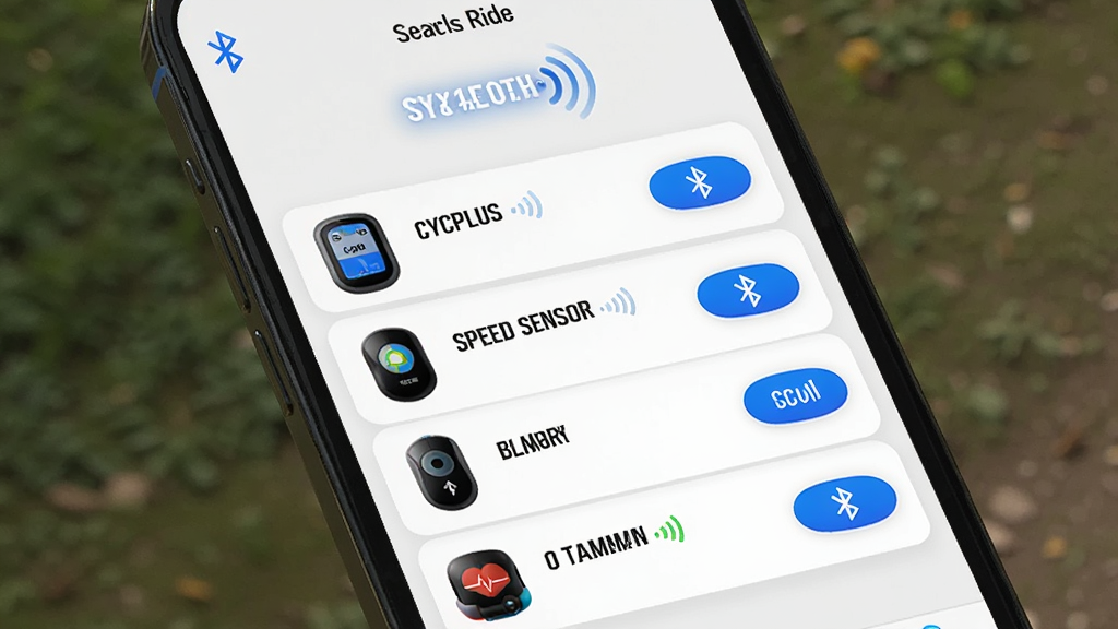 CYCPLUS Ride 设备配对界面,主体为手机屏幕显示蓝牙搜索列表,列表中出现 CYCPLUS 码表、速度传感器、踏频器、心率带等设备名称与信号图标,布局为纵向列表,上方有搜索动画,排版整齐,风格为简约运动科技风,细节包括蓝色蓝牙图标、设备缩略图、连接按钮、浅色背景,画质高清,干净,无多余元素