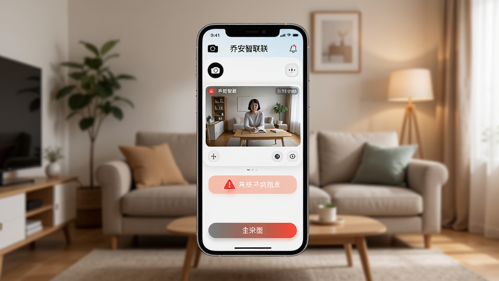 主体是一部智能手机屏幕显示乔安智联App的监控画面界面,布局采用居中构图,手机悬浮在画面中央,背景是温馨的家庭客厅场景,排版简洁清晰,风格为现代科技感写实风,细节包括摄像头图标、实时画面窗口、报警提示按钮等元素,画质高清、干净、无多余元素