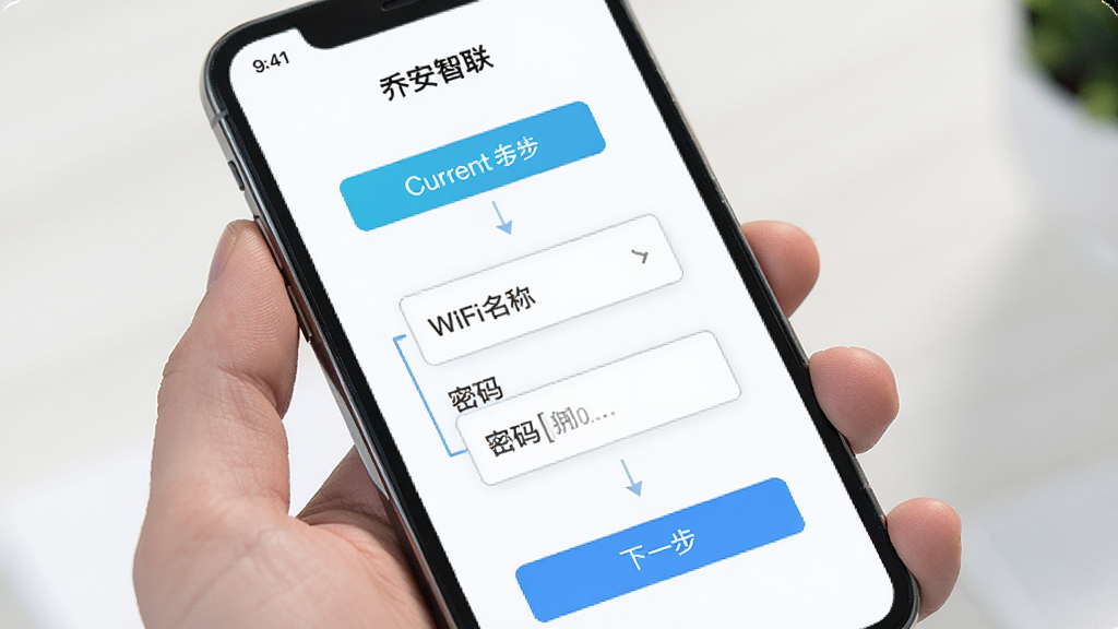 主体是手机屏幕展示乔安智联App的WiFi配网引导页面,布局采用步骤式流程图,排版突出当前步骤与输入框,风格为清新引导页风,细节包括WiFi名称、密码输入框、下一步按钮,画质高清、干净、无多余元素