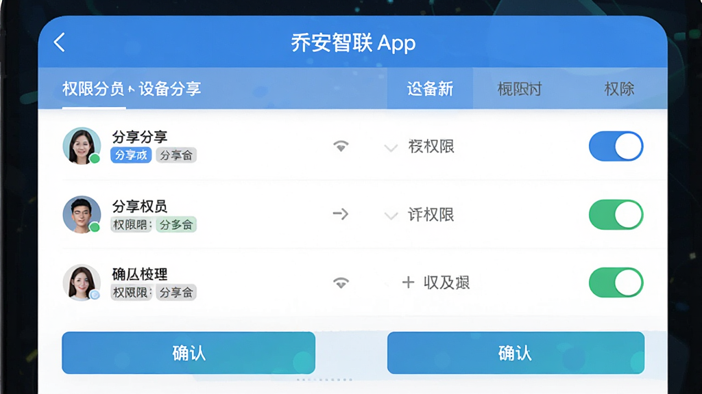 主体是乔安智联App的设备分享设置界面,布局采用列表式权限选项,排版突出分享成员与权限开关,风格为清新扁平化设计,细节包括头像、权限标签、确认按钮,画质高清、干净、无多余元素