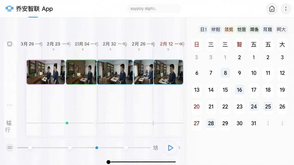 主体是乔安智联App的录像回放时间轴界面,布局采用横向时间轴与日历选择器组合,排版突出日期与录像片段,风格为简洁工具类UI风,细节包括进度条、播放按钮、日期标签,画质高清、干净、无多余元素