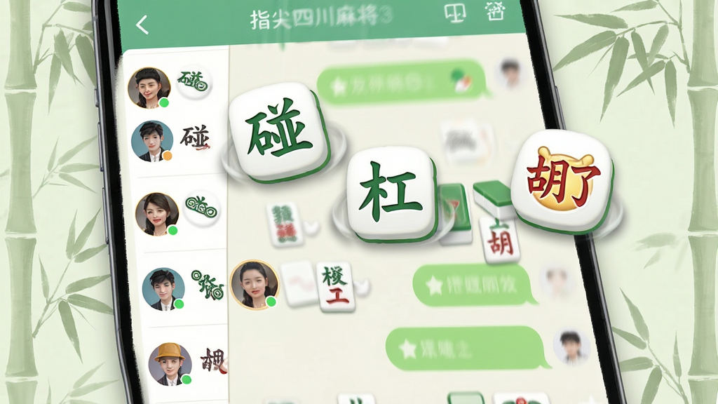 指尖四川麻将社交互动功能预览图,画面展示手机屏幕内好友列表与聊天窗口,聊天窗口中飘浮着多个麻将主题表情包,如“碰”“杠”“胡了”等趣味图案,背景是淡雅的竹叶纹理,整体布局为上下分栏,风格为清新卡通风,细节包含表情包的动态拖影、好友头像的在线状态点、聊天气泡的圆角设计,画质清晰,画面干净,无多余元素。