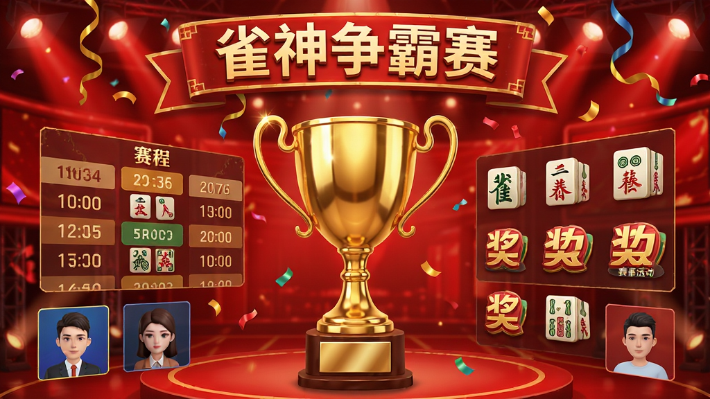 指尖四川麻将赛事活动页面截图,画面中心是一个金色的奖杯,奖杯周围环绕着赛程时间表与奖励图标,背景是红色喜庆的舞台灯光效果,屏幕上方有“雀神争霸赛”的横幅标题,整体布局具有层次感,风格为华丽庆典风,细节包含奖杯的金属质感、飘落的彩带、参赛玩家的虚拟形象,画质超清,画面干净,无杂乱背景。