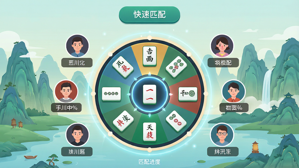 指尖四川麻将游戏匹配大厅的界面展示,画面中央是一个圆形的匹配转盘,转盘上显示着不同段位的麻将牌图标,周围环绕着多位玩家头像,背景是四川山水风格的插画,屏幕上方有“快速匹配”按钮,整体布局对称,风格为现代扁平化设计,细节包含转盘的光效、玩家昵称标签、匹配进度百分比,画质高清,画面干净整洁,无多余装饰。