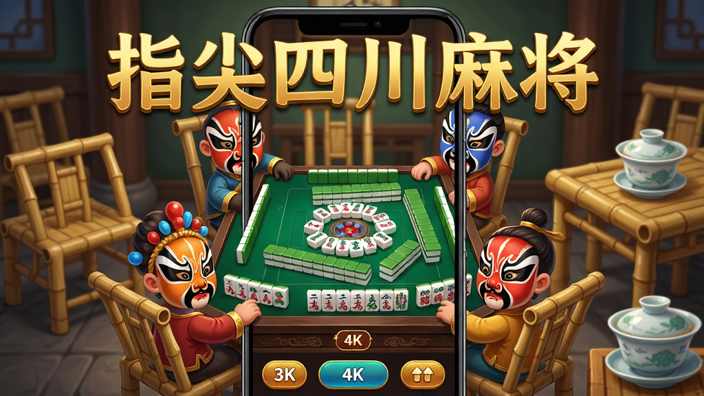 一幅展现指尖四川麻将游戏主界面的高清预览图,画面中心是竖版手机屏幕,屏幕上显示着古色古香的麻将牌桌,四位卡通川剧脸谱角色围坐四方,桌面上散落着筒条万麻将牌,背景是四川茶馆风格的竹椅与盖碗茶,屏幕上方悬浮着“指尖四川麻将”六个金色大字,整体布局主次分明,风格采用国潮插画风,细节包含麻将牌反光、角色表情生动、界面按钮清晰,画质为4K超清,画面干净整洁,无多余杂乱元素。