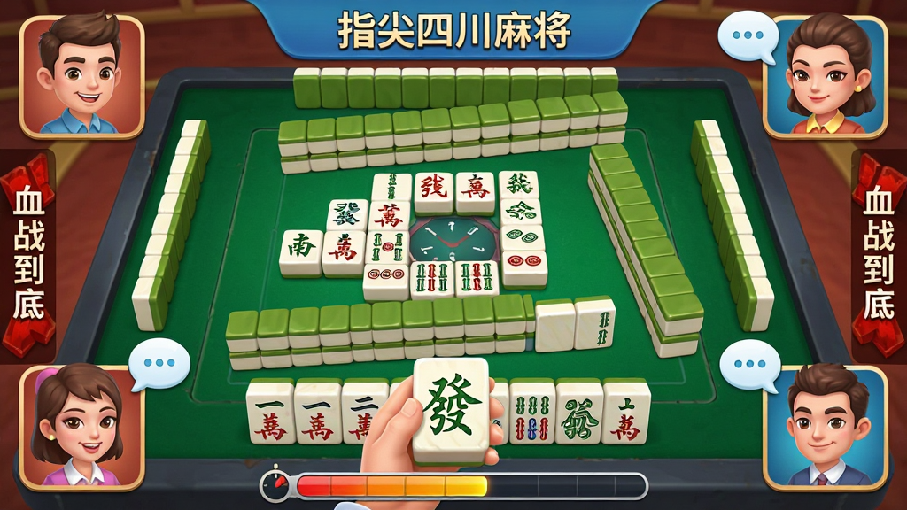 一款名为“指尖四川麻将”的手机游戏界面截图,画面展现牌局进行中的场景,四位玩家头像分列屏幕四角,中央是牌桌区域,桌面上整齐排列着条筒万麻将牌,当前玩家手中握有一张“发财”,屏幕边缘有“血战到底”的提示文字,整体布局清晰,风格为2.5D卡通渲染,细节包含麻将牌上的纹理、玩家表情气泡、倒计时进度条,画质细腻,画面干净,无多余元素干扰。