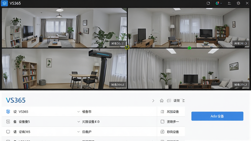 画面上半部分为VS365软件的多宫格监控预览界面,四个画面分别显示不同房间的实时影像,下半部分为设备列表与添加设备按钮,整体布局上下分层,风格为现代简约UI风格,细节上突出“VS365”标识与清晰的画面分割线,画质高清,干净整洁,无多余装饰元素