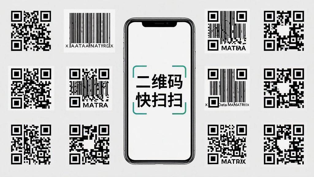 һ��չʾ������������Ͷ�ά�����е�ͼƬ������QR�롢�������Data Matrix�룬ÿ�����Ա߱�ע��Ӧ��Ӣ����д�������������һ���ֻ����ֻ���Ļ����ʾ����ά���ɨɨ�������ֱ�ʶ��������Ϊ��Ϣͼ��ʽ�Ű棬����Ϊǳ��ɫ������������������Ԫ��