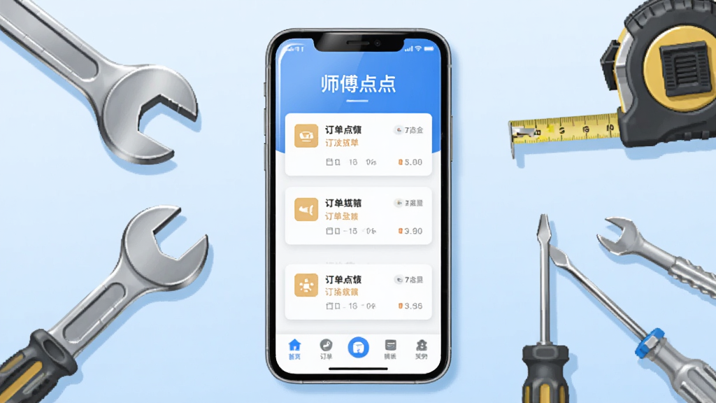 画面中央一部智能手机竖屏展示,屏幕内呈现“师傅点点”App的主界面,界面包含订单列表卡片和底部导航栏,手机周围散落着扳手、螺丝刀、卷尺等维修工具,背景为干净的浅蓝色渐变,整体布局居中对称,风格为扁平化UI插画,细节包括工具上的金属光泽和手机屏幕的圆角高光,画质高清,画面干净,无多余元素