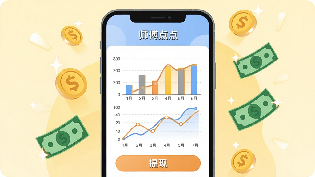 画面中央是一个手机屏幕,屏幕内显示“师傅点点”的收入统计页面,包含柱状图和折线图,图表下方有“提现”按钮,屏幕周围漂浮着金币和钞票的卡通图标,背景为淡黄色渐变,风格为扁平化金融类插画,细节包括图表的网格线和金币的高光,画质高清,画面干净,无多余元素