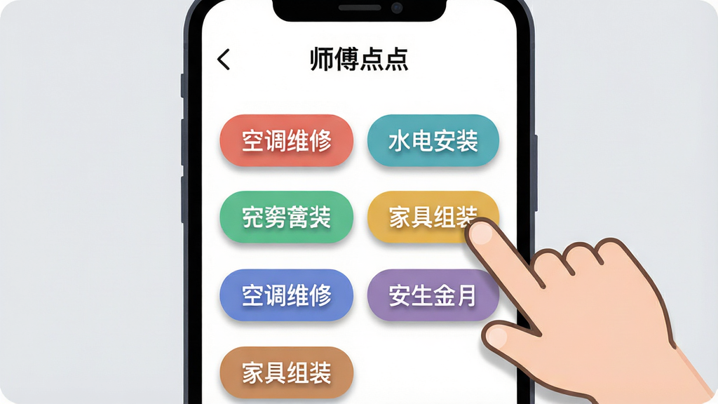 画面中央是一个手机屏幕,屏幕内显示“师傅点点”的个人技能标签设置页面,多个彩色标签如“空调维修”“水电安装”整齐排列,屏幕右侧伸出一只卡通手正在点击“家具组装”标签,背景为柔和的浅灰色,风格为简洁扁平化插画,细节包括标签的圆角矩形和阴影,画质高清,画面干净,无多余元素