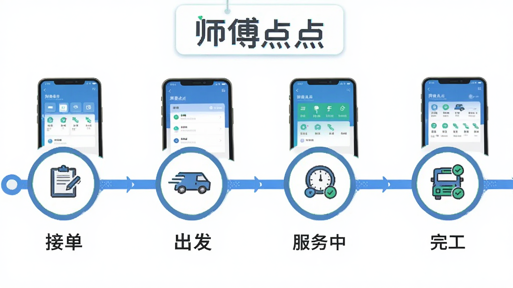 画面展示一条横向的时间轴,时间轴上依次排列着“接单”“出发”“服务中”“完工”四个圆形节点图标,每个节点旁边有对应的手机界面缩略图,时间轴上方悬浮着“师傅点点”的文字标识,风格为信息图表式矢量插画,细节包括节点间的连接线和图标内的简笔图案,画质清晰,画面干净,无多余元素