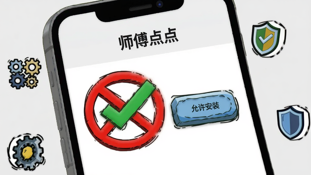 画面展示一部手机屏幕特写,屏幕内是“师傅点点”的安装权限设置界面,一个红色的禁止图标被绿色的对勾图标取代,旁边有“允许安装”的按钮,手机周围有齿轮和盾牌的小图标,背景为浅灰色,风格为简洁的提示类插画,细节包括按钮的立体感和图标的描边,画质高清,画面干净,无多余元素