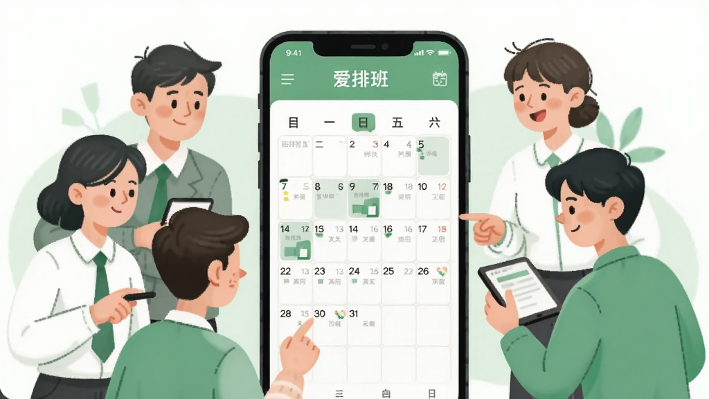 一幅展示“爱排班”员工自助功能的AI生成图,画面中央是一部手机,屏幕上显示“爱排班”的排班日历界面,旁边有几位卡通风格的员工形象正在查看手机,布局为左右分栏构图,风格为清新扁平插画,细节包括柔和的绿色和白色色调、清晰的日历格子,画质清晰,干净,无多余元素
