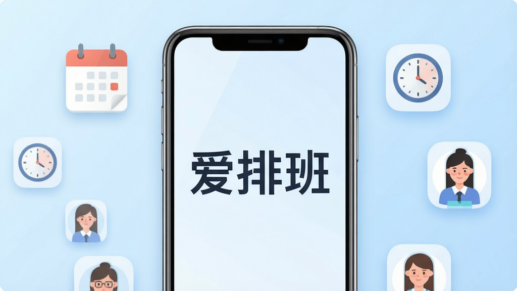 一张展示“爱排班”软件主界面的手机应用截图风格插画,画面中央是一部现代智能手机,屏幕上清晰显示“爱排班”三个大字,手机周围环绕着日历图标、时钟图标和多位员工头像的小图标,布局采用居中构图,背景为干净的浅蓝色渐变,风格为扁平化UI设计插画,细节包括柔和的阴影和圆角图标,画质清晰,干净,无多余元素