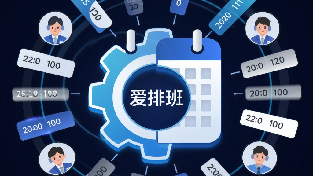 一幅展示“爱排班”智能排班功能的AI生成图,画面主体是一个发光的齿轮与日历结合的图标,齿轮中心写着“爱排班”,周围环绕着多个员工头像和排班时间条,布局为圆形放射状构图,风格为科技感扁平插画,细节包括蓝色和白色的光效、清晰的线条,画质清晰,干净,无多余元素
