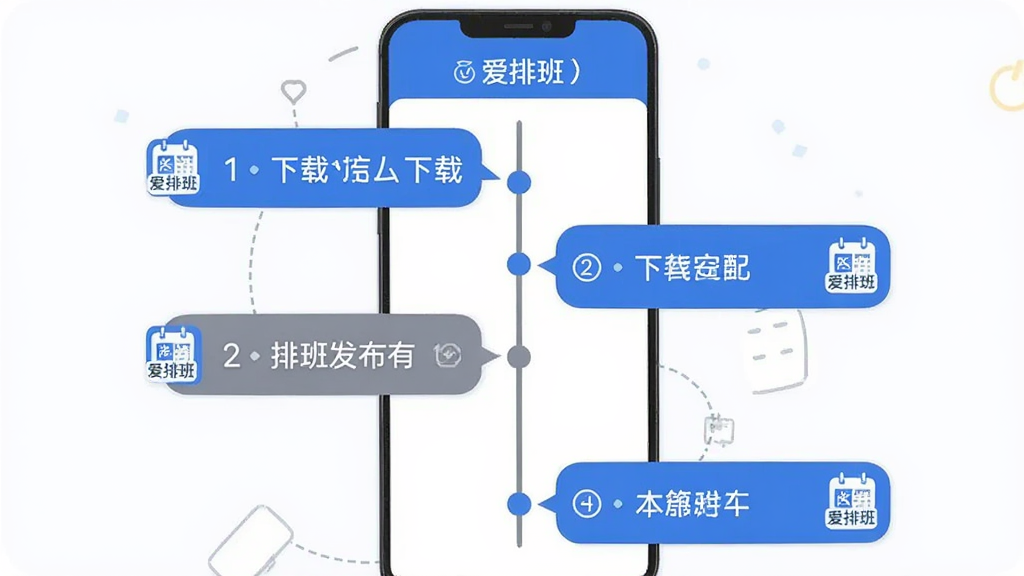 一幅展示“爱排班”新手操作流程的AI生成图,画面主体是一个手机界面流程图,从下载安装到排班发布共六个步骤,每个步骤旁边标注“爱排班”的小图标,布局为纵向时间轴构图,风格为简洁扁平插画,细节包括蓝色和灰色的配色、清晰的步骤编号,画质清晰,干净,无多余元素