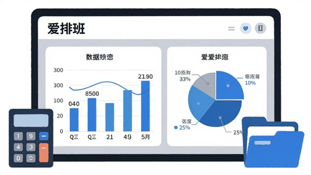 一幅展示“爱排班”工时统计功能的AI生成图,画面主体是一个数据报表界面,上面写着“爱排班”,图表包括柱状图和饼图,旁边有计算器和文件夹图标,布局为居中构图,风格为商务简约插画,细节包括蓝色和灰色的配色、清晰的数字标注,画质清晰,干净,无多余元素