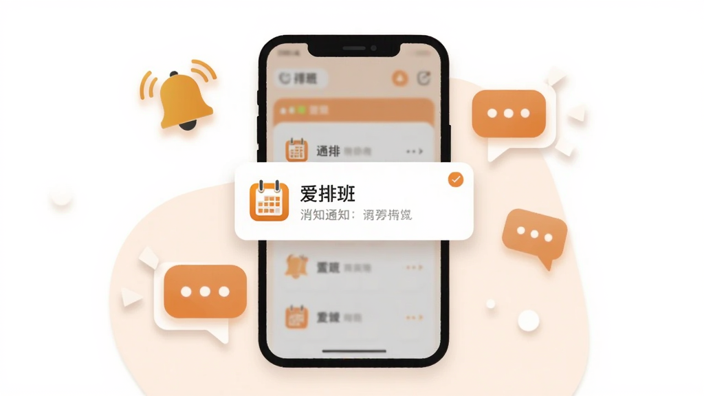 一幅展示“爱排班”消息通知功能的AI生成图,画面中央是一个手机屏幕,屏幕上显示“爱排班”的通知弹窗,周围有铃铛图标和聊天气泡,布局为居中构图,风格为清新扁平插画,细节包括橙色和白色的配色、柔和的阴影,画质清晰,干净,无多余元素