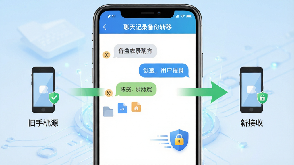 软件主界面展示,中央放置一部智能手机,屏幕显示“聊天记录备份转移”应用界面,左侧为旧手机数据源图标,右侧为新手机接收图标,中间用绿色箭头连接,背景为浅蓝色渐变,风格简洁科技感,细节包含聊天气泡、文件图标、锁形安全标识,画质清晰,干净,无多余元素