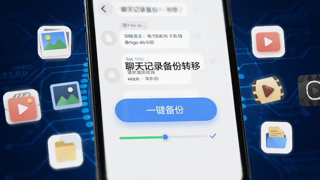 一部手机屏幕显示“聊天记录备份转移”软件的一键备份按钮,周围环绕聊天记录、图片、视频、文件等图标,背景为深蓝色科技光效,风格现代简约,细节包含进度条与勾选标记,画质清晰,干净,无多余元素