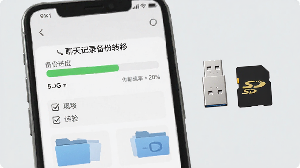 手机屏幕显示“聊天记录备份转移”软件的备份进度条与传输速率,旁边放置一个U盘和SD卡图标,背景为浅灰色,风格简洁实用,细节包含勾选列表与文件夹图标,画质清晰,干净,无多余元素