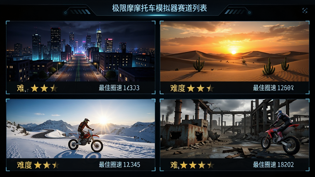 极限摩托车模拟器赛道选择界面,画面以网格形式展示四条赛道缩略图,分别是城市夜景、沙漠落日、雪山清晨和工厂废墟,每条赛道下方标注了难度星级与最佳圈速,界面风格为深色科技感UI,文字内容为极限摩托车模拟器赛道列表,画质清晰,布局整洁