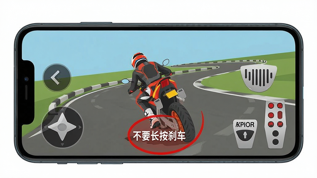 极限摩托车模拟器新手操作界面示意图,画面展示手机横屏握持姿势,左右两侧分别有转向、刹车、油门虚拟按键,屏幕中央是一辆正在过弯的摩托车,画面中用红色圆圈标注了“不要长按刹车”的提示文字,风格为扁平化教学插图,画质清晰,布局直观