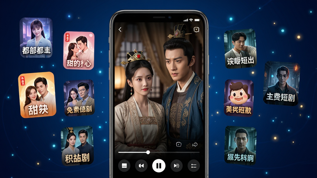 一部智能手机竖屏展示免费短剧全看多App的短剧播放界面,画面中手机屏幕正在播放一部古装短剧,画面精美,屏幕下方有播放进度条和功能按钮。手机两侧漂浮着多个不同题材的短剧封面图标,包括都市、甜宠、悬疑等,图标色彩丰富。背景为深蓝色渐变,带有微光粒子效果,整体风格科技感与娱乐感兼具,画面干净整洁,高清画质,无多余元素。
