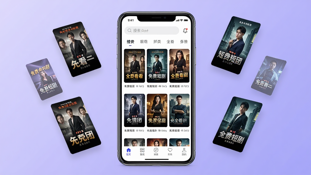 一张手机屏幕展示免费短剧全看多App主界面的场景图,画面中央是一部竖屏智能手机,手机屏幕上显示着免费短剧全看多App的首页界面,界面中包含多部短剧封面海报,排列整齐,顶部有搜索栏和分类标签,底部有导航菜单栏。手机周围环绕着几部悬浮的短剧海报缩略图,营造出内容丰富多样的氛围。背景为柔和的渐变紫色调,整体风格现代简洁,画面干净明亮,无多余元素,高清画质,适合软件下载站展示。