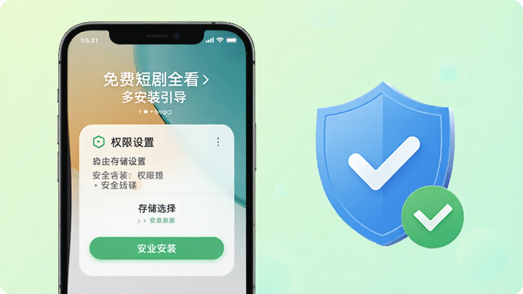 一部手机展示免费短剧全看多App的安装引导界面,屏幕中显示权限设置和存储选择选项,界面简洁明了。手机旁边有一个盾牌图标和勾选标记,象征安全安装。背景为浅绿色渐变,风格清新安全,画面干净整洁,高清画质,无多余元素。