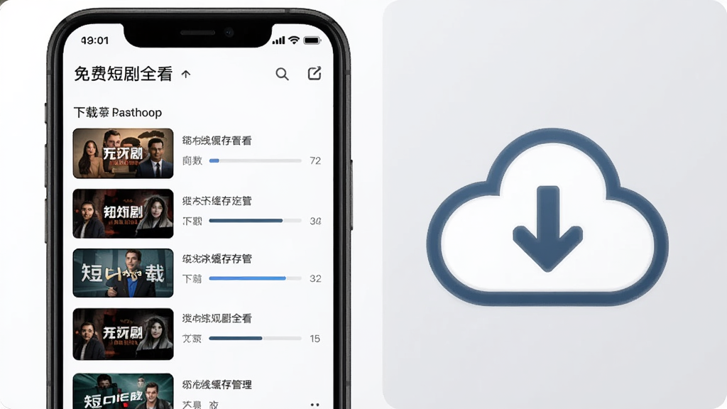 一部手机展示免费短剧全看多App的离线缓存管理界面,屏幕中显示已下载的短剧列表和下载进度条,界面清晰直观。手机旁边有一个云朵图标和向下箭头符号,表示下载缓存功能。背景为白色和浅灰色搭配,风格简洁商务,画面干净整洁,高清画质,无多余元素。