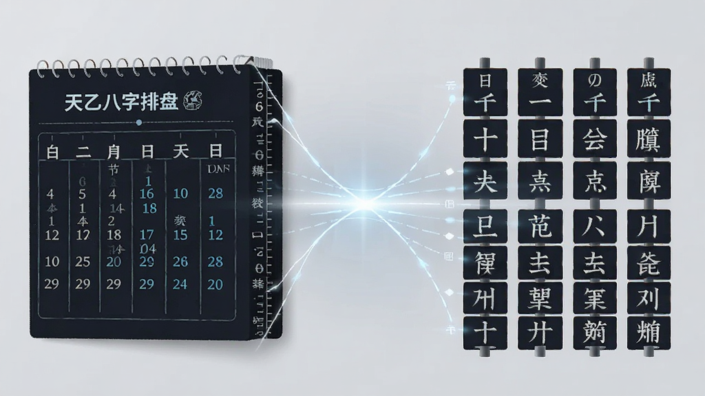 一张以“天乙八字排盘”为主题的插画,画面左侧是日历与节气刻度,右侧是四柱干支排列,中间用光效连接,布局对称,风格现代简洁,细节表现算法与时间的关联,画质清晰干净,无多余元素