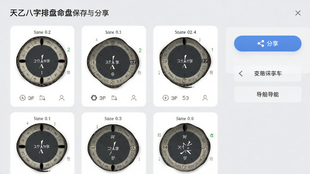一张展示天乙八字排盘命盘保存与分享功能的界面图,画面中排列着多个命盘记录卡片,右侧有分享按钮与导出选项,背景为浅灰色,风格清爽,细节清晰,画质干净,无多余元素