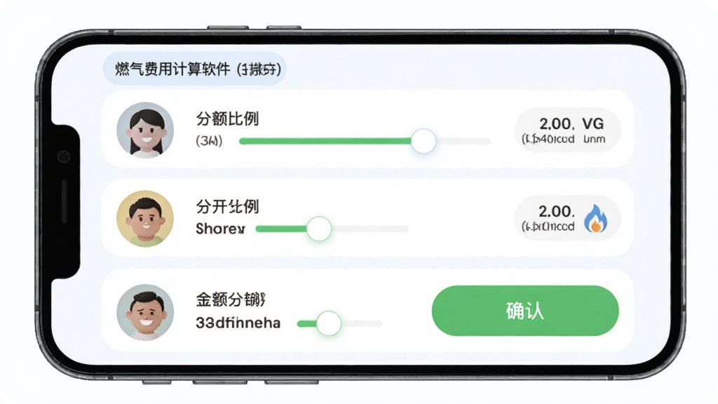 主体是燃气费用计算软件的多用户分摊界面,布局为手机屏幕显示多个用户头像与金额分配,排版为列表式,风格为柔和圆角风,细节包含分摊比例滑块、燃气图标、确认按钮,画质高清干净无多余元素